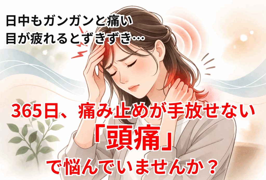 頭痛で頭を押さえる女性 自律神経の乱れ 首こり ストレスの症状イメージ