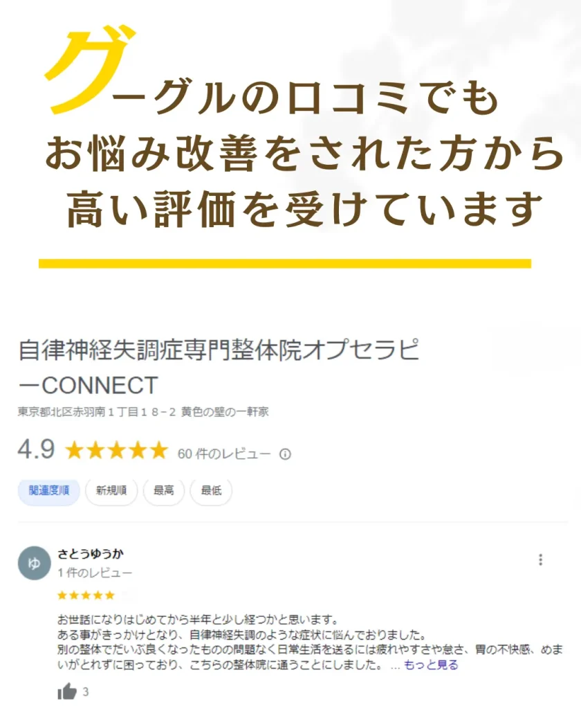 多くのお客様から口コミをいただいているご案内 Googleクチコミ高評価の自律神経専門整体